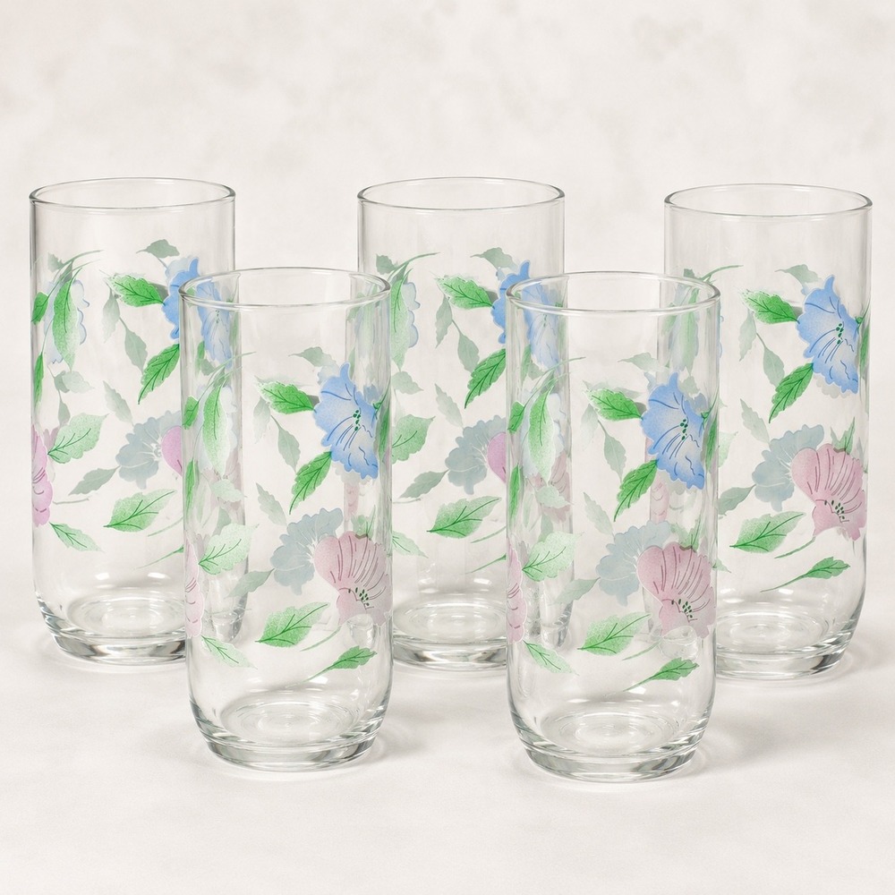Vintage Luminarc Morning Glory 14oz Glass Tumbler Set of 5 France Floral Pastel